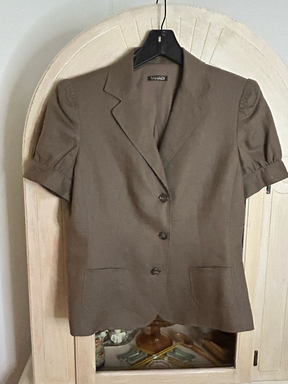 Tahari Olive/Brown Java(Neutral)Short-Sleeve Notch-Lapel Stitching Design Blazer - Picture 3 of 16